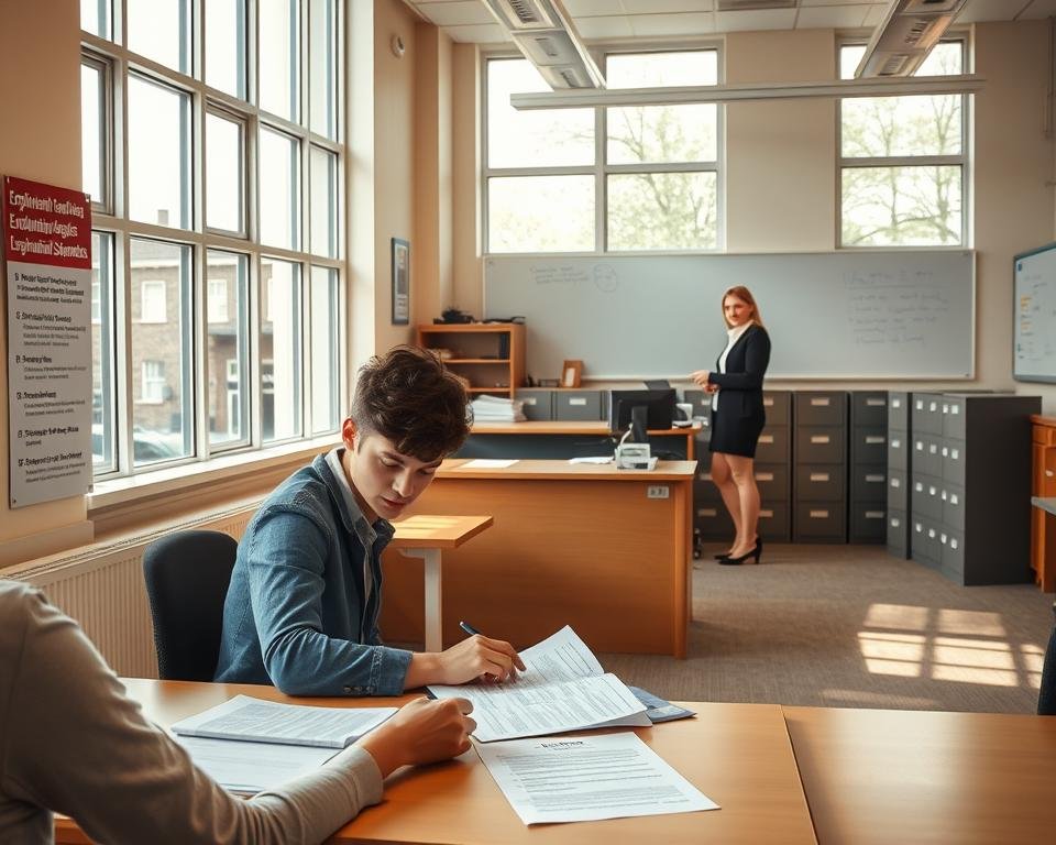 A bright and airy university administrative office, with light streaming in through large windows. In the foreground, a student sits at a desk, reviewing documents and forms related to employment regulations. On the walls, informative posters and guidelines outline the various visa and employment restrictions for international students in the UK. The middle ground features a receptionist's desk, where a helpful staff member is assisting a visiting student. In the background, rows of filing cabinets and a whiteboard with relevant policies create a sense of an organized, official environment. The lighting is warm and professional, casting a serious yet approachable mood over the scene.