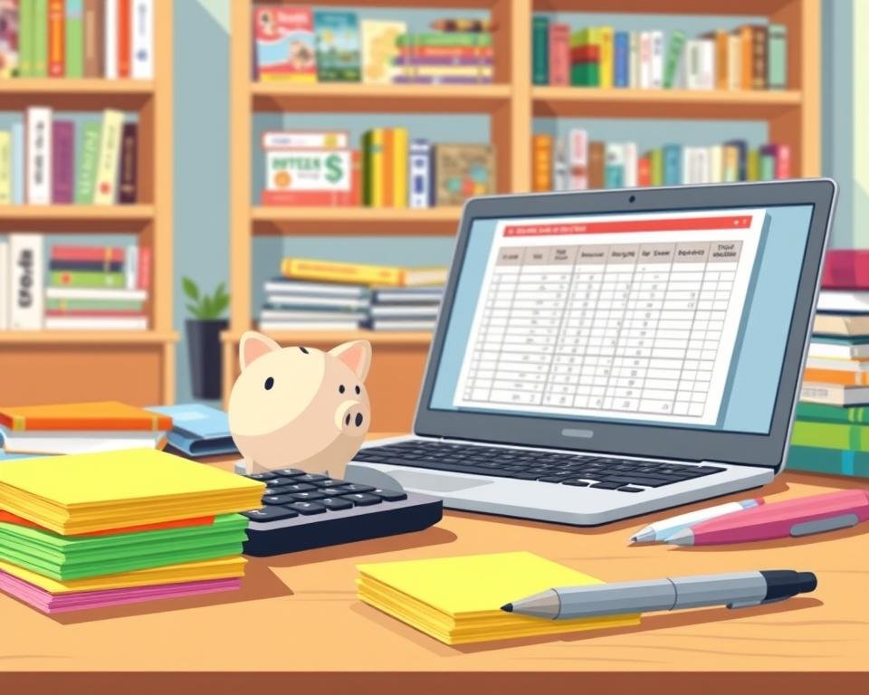 A bright, cheerful illustration of a student's desk with various budgeting tools and resources. In the foreground, a stack of colorful sticky notes, a calculator, and a pen. In the middle ground, a laptop with a budgeting spreadsheet open, and a piggy bank. In the background, shelves filled with personal finance books and magazines. Warm, natural lighting illuminates the scene, creating a sense of focus and productivity. The overall mood is one of organization, preparedness, and a student's determination to manage their finances effectively.
