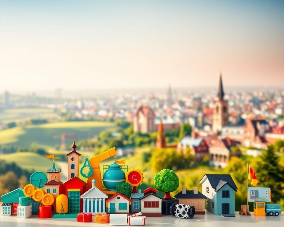 A brightly lit, detailed illustration of various types of engineering scholarships in Germany. In the foreground, a cluster of colorful scholarship icons representing academic, research, and industry-sponsored programs. In the middle ground, a panoramic view of the German landscape, including rolling hills, architectural landmarks, and a vibrant city skyline. The background features a soft, warm glow, conveying a sense of opportunity and potential. The composition is balanced, with a clean, modern aesthetic and a focus on highlighting the diversity and accessibility of engineering scholarships available in Germany.