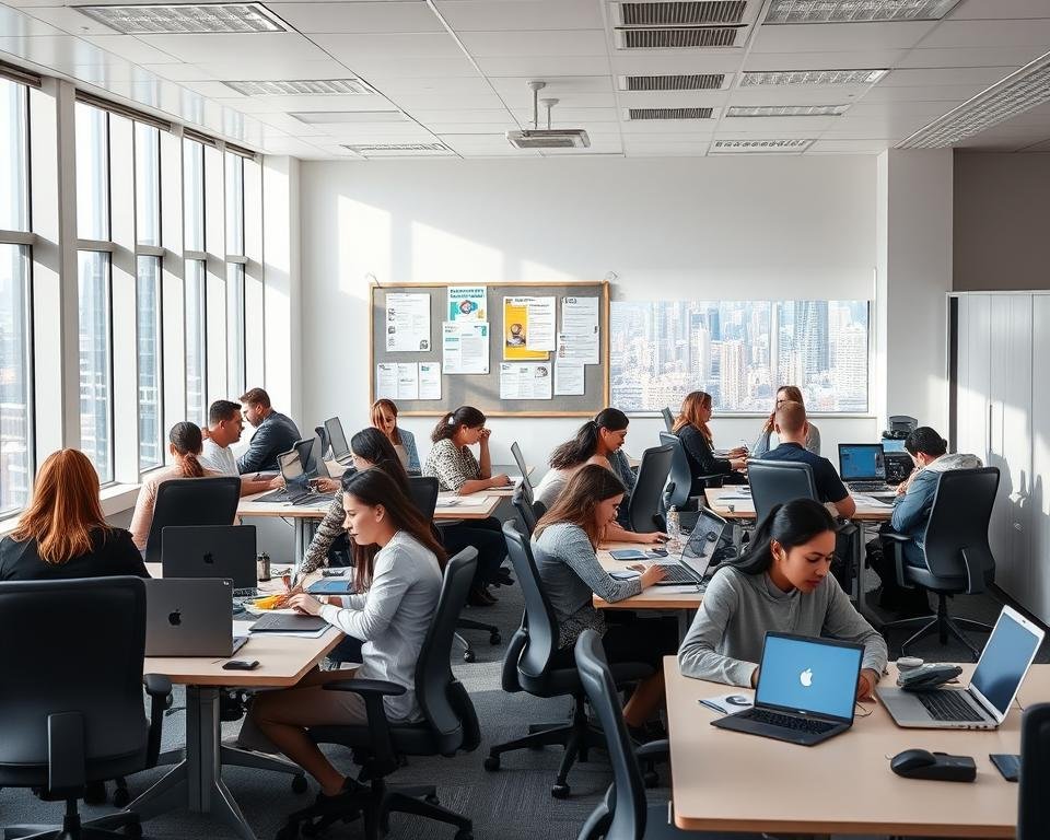 A brightly lit, modern office setting with desk spaces, chairs, and laptops. In the foreground, a group of diverse students engaged in part-time jobs like tutoring, data entry, and customer service. The middle ground features a bulletin board displaying various job listings and opportunities. The background showcases a vibrant city skyline visible through large windows, conveying a sense of urban energy and opportunity. The overall mood is one of productivity, focus, and the excitement of pursuing part-time work as a student.