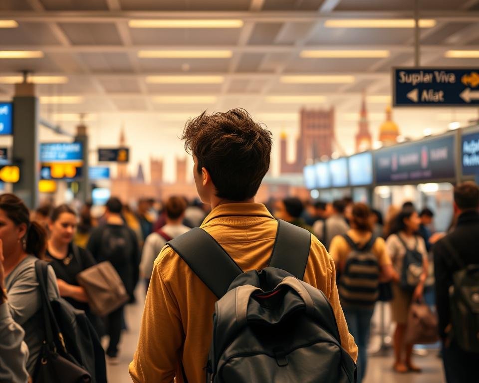 A bustling UK airport terminal, with passengers eagerly awaiting their turn at the visa application counters. The focal point is a student navigating the process, surrounded by signs and signposts guiding the way. Soft, warm lighting illuminates the scene, creating a sense of calm amidst the administrative hustle. In the background, a montage of iconic British landmarks, hinting at the exciting opportunities that await the prospective student. The overall atmosphere conveys a streamlined, efficient, and welcoming student visa experience.