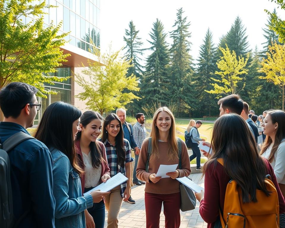 A bustling campus scene, where prospective undergraduate students navigate the admission process in Canada. In the foreground, a group of diverse applicants engage with friendly campus staff, discussing requirements and filling out forms. The middle ground features a modern university building with an inviting entrance, its glass façade reflecting the vibrant atmosphere. In the background, lush greenery and towering trees set the scene, conveying a sense of tranquility amidst the administrative activity. Warm sunlight casts a glow over the entire scene, suggesting a welcoming and supportive environment for those embarking on their higher education journey.