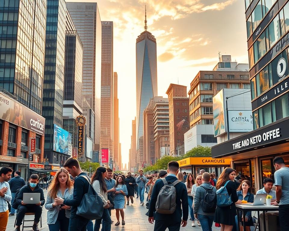 A bustling city landscape, with towering skyscrapers and a vibrant street scene. In the foreground, a group of diverse students, dressed in professional attire, engaged in various tasks - coding on laptops, tutoring younger students, and serving customers in a café. The middle ground showcases a mix of service-oriented businesses, tech startups, and educational institutions, all catering to the needs of the student population. The background is bathed in a warm, golden light, creating a sense of optimism and opportunity. The composition emphasizes the dynamic, fast-paced nature of the student job market in Canada, with each element working together to convey the high demand for skilled, adaptable, and hardworking students.