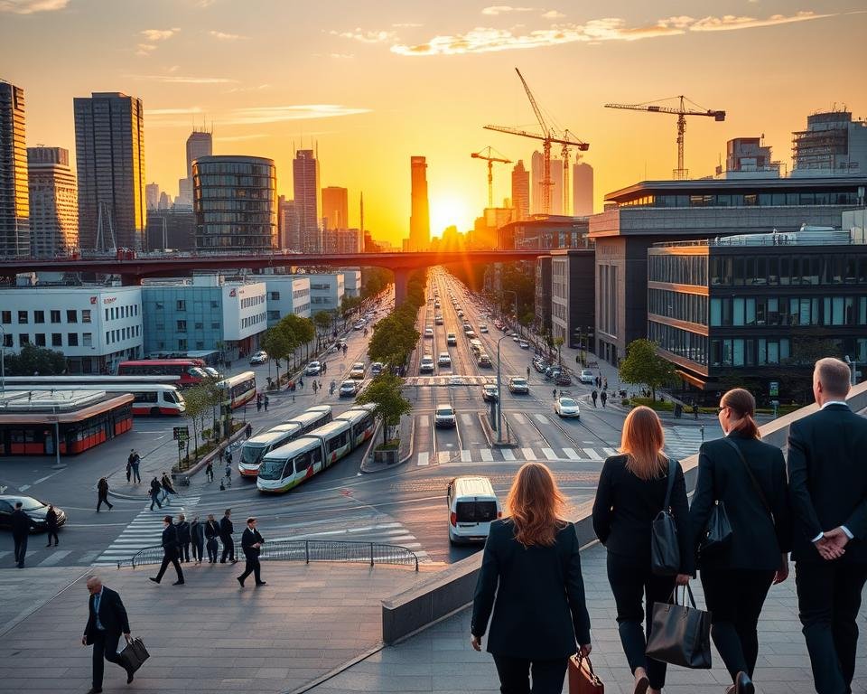 A bustling city skyline at golden hour, with a mix of modern high-rises and historic buildings. In the foreground, professionals in business attire hurry along the sidewalks, briefcases in hand. In the middle ground, an intersection bustles with cars, trams, and pedestrians, reflecting the dynamic nature of the German job market. The background features towering cranes and construction sites, symbolizing the ongoing growth and development. The lighting casts a warm, inviting glow, evoking a sense of opportunity and progress. The overall atmosphere conveys the vibrant, fast-paced nature of the German job landscape.