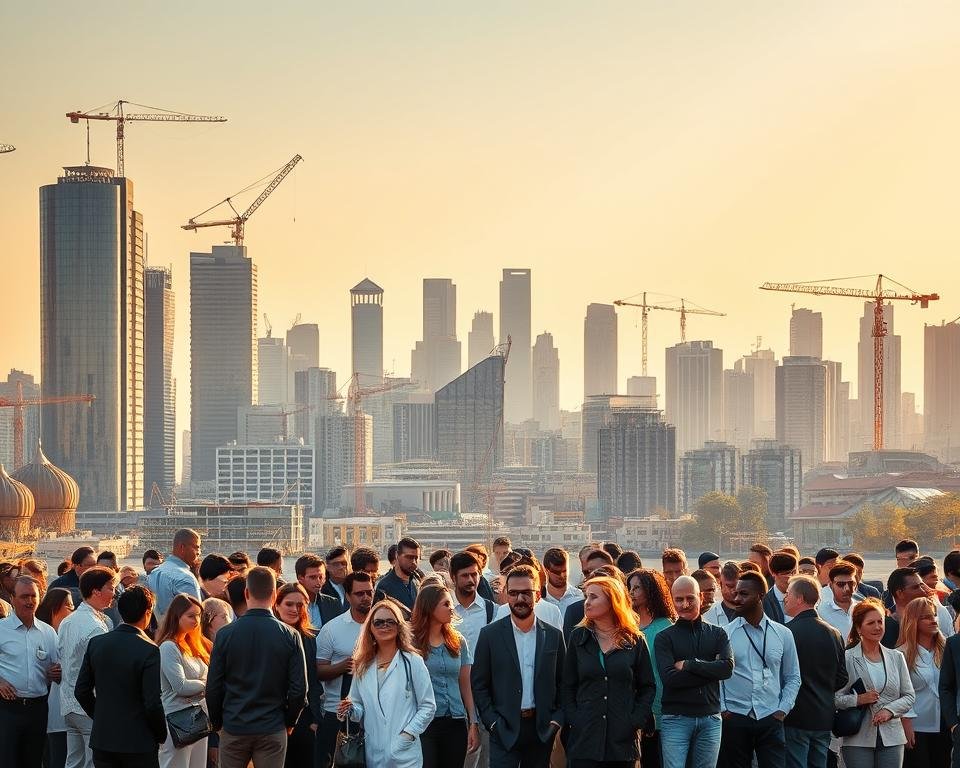 A bustling city skyline in Germany, with modern high-rise buildings and cranes dotting the horizon. In the foreground, a diverse group of people, representing different nationalities and professions, are gathered in a dynamic scene showcasing the vibrant job opportunities available for expats. The scene is illuminated by warm, golden sunlight, creating a welcoming and aspirational atmosphere. The composition highlights the variety of industries, from technology and engineering to healthcare and tourism, reflecting the diverse job market in Germany. The level of detail and realism should be high, with a focus on capturing the energy and possibilities of the expat job landscape.