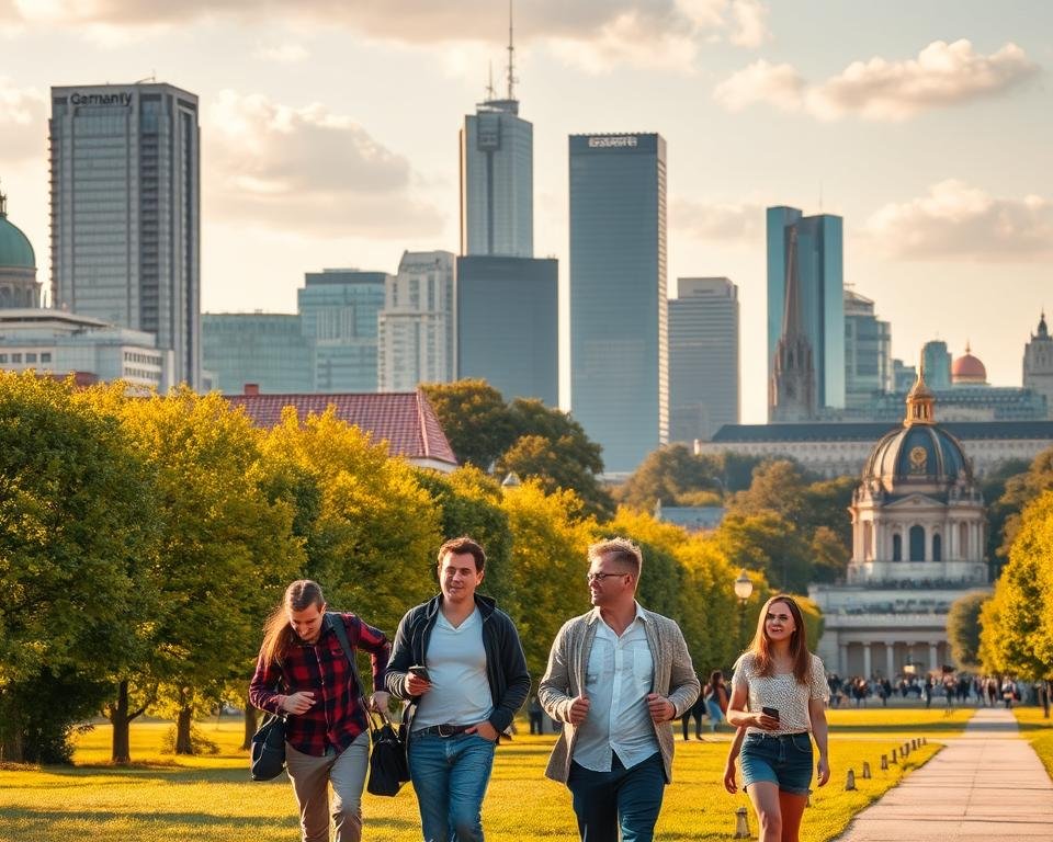 A bustling city skyline in Germany, with modern high-rise buildings and cutting-edge tech companies visible. In the foreground, young professionals in casual attire stroll through a vibrant, tree-lined urban park, engaged in animated discussions. The middle ground showcases impressive monuments and landmarks, hinting at the country's rich cultural heritage. The background is illuminated by warm, golden sunlight, creating a sense of prosperity and opportunity. The overall scene conveys the dynamic, innovative, and welcoming nature of Germany's thriving tech industry, enticing viewers to consider the benefits of working in this dynamic environment.