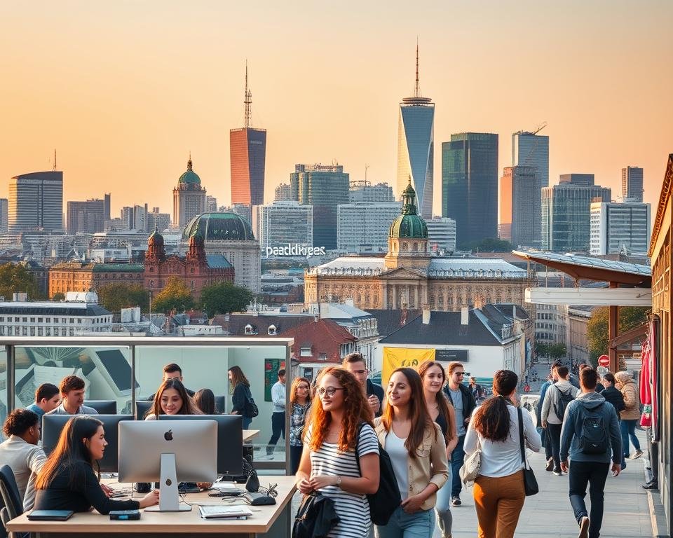 A bustling city skyline in Germany, with modern high-rise buildings and historic architecture in the background. In the foreground, a group of diverse young adults engaged in various internship activities - some sitting at desks in a sleek office environment, others collaborating in a creative studio, and a few exploring the city streets. Soft, warm lighting illuminates the scene, creating a sense of energy and opportunity. The image conveys the vibrant and dynamic nature of internship opportunities available in Germany for foreign students.