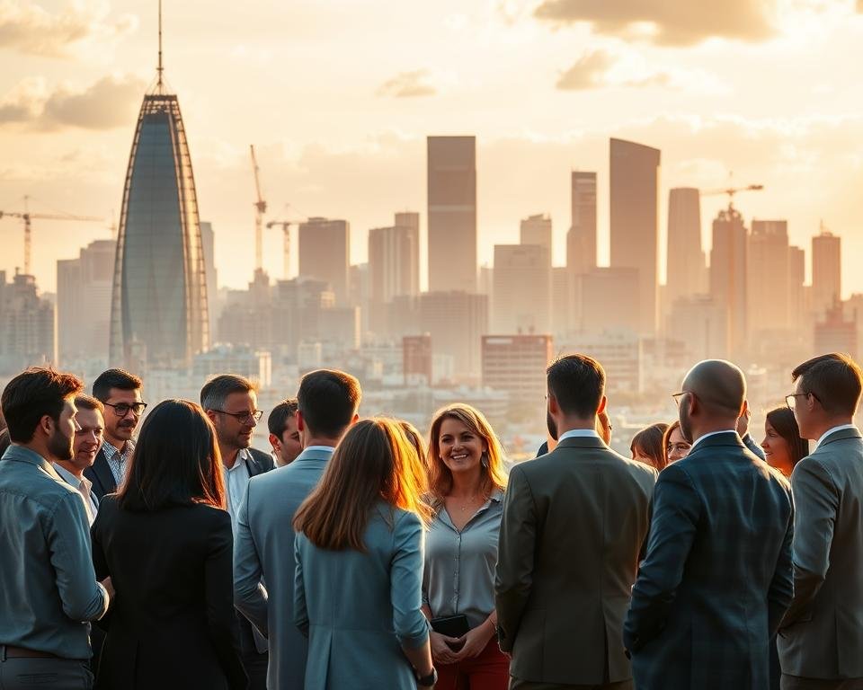 A bustling city skyline in Germany, with towering skyscrapers and cranes dotting the horizon. In the foreground, a diverse group of professionals, from software engineers to business analysts, engaged in their daily work. They converse animatedly, their body language exuding confidence and a sense of purpose. The scene is bathed in warm, golden light, conveying a sense of opportunity and growth. The atmosphere is one of a thriving, cosmopolitan city that embraces global talent, where the demand for English-speaking professionals is on the rise.