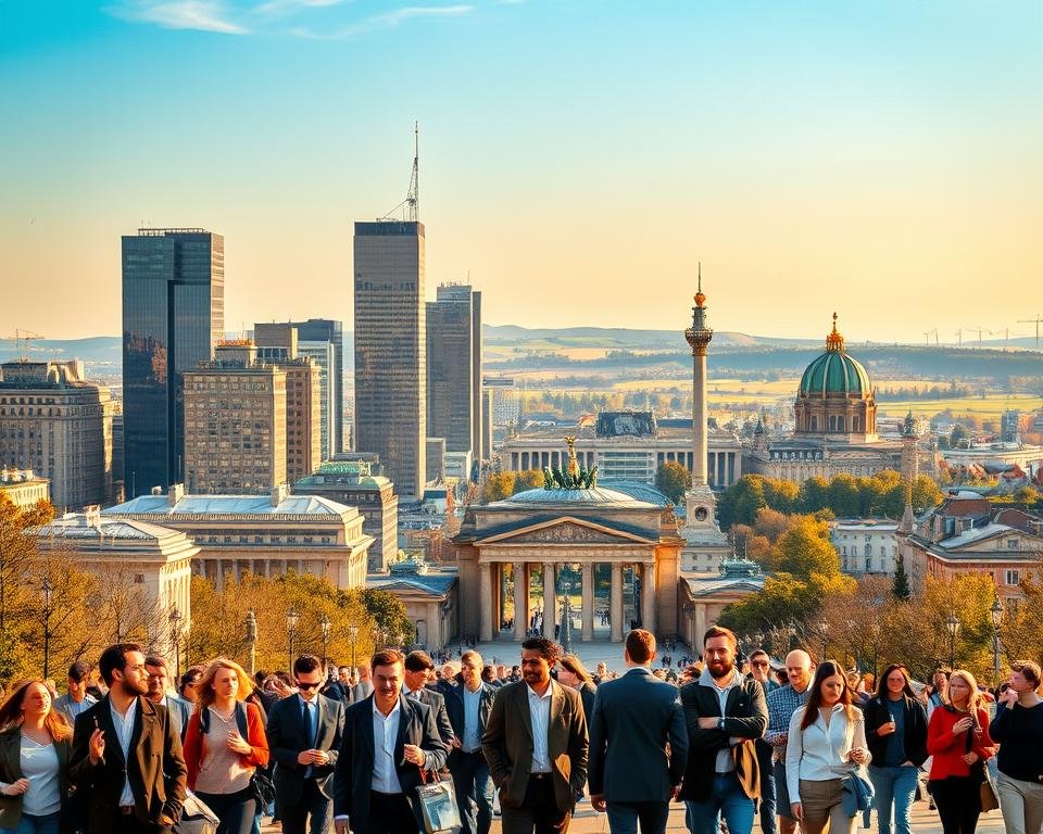 A bustling city skyline in Germany, with towering skyscrapers and modern architecture bathed in warm, golden afternoon light. In the foreground, a diverse group of professionals stroll along a lively street, engaged in animated conversations and taking in the vibrant energy of the city. The middle ground features iconic landmarks, such as the Brandenburg Gate and the Reichstag building, symbolizing Germany's rich history and culture. In the background, rolling hills and lush green landscapes stretch out, hinting at the country's picturesque natural beauty. An atmosphere of opportunity, innovation, and a high quality of life permeates the scene, inviting the viewer to consider the allure of working in this dynamic and prosperous European nation.