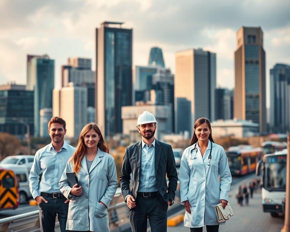 A bustling city skyline with modern high-rise buildings, reflecting the dynamic job market in Germany. In the foreground, professionals in various industries - engineers, IT specialists, healthcare workers, and business analysts - stand out with their diverse attire and confident postures, symbolizing the high-demand jobs available for those seeking visa sponsorship. The mid-ground features a blend of public transportation and pedestrians, capturing the vibrant, international atmosphere. Soft, diffused lighting casts a warm, inviting glow, highlighting the abundant opportunities awaiting skilled global talent in Germany's thriving economy.