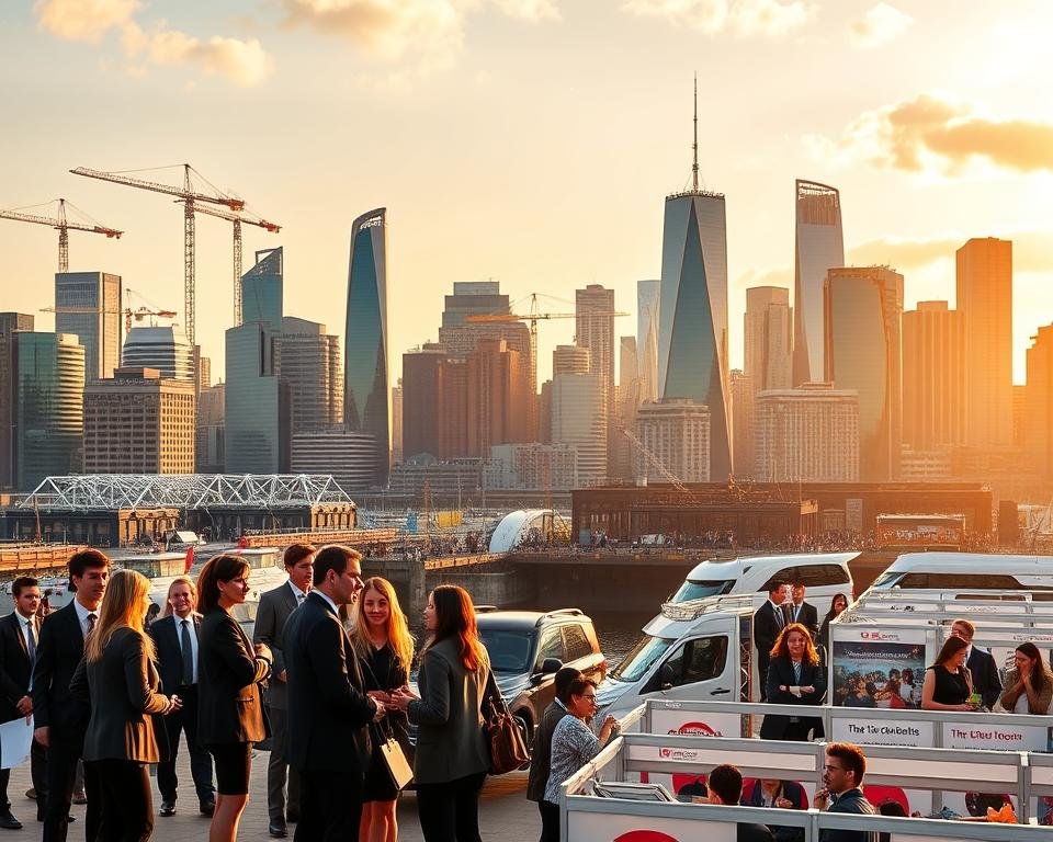 A bustling city skyline with towering office buildings and cranes, representing the diverse employment opportunities for students in the UK. In the foreground, a group of young professionals in business attire, engaged in animated discussions, symbolizing the vibrant job market. The midground features a career fair or job expo, with booths and attendees, conveying the abundance of resources available to students seeking employment. The background is bathed in a warm, golden light, creating a sense of optimism and opportunity. The scene is captured with a wide-angle lens, highlighting the scale and dynamism of the UK job landscape for students.