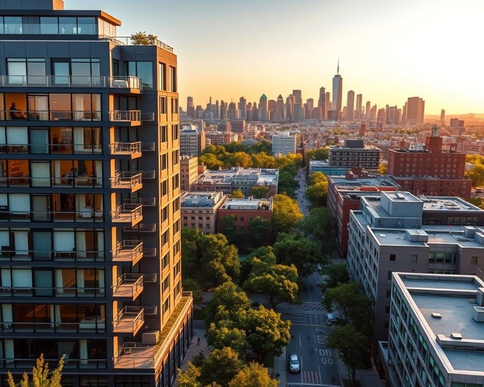 A bustling cityscape at golden hour, showcasing the best student housing in major metropolises. In the foreground, a modern high-rise apartment building with floor-to-ceiling windows, sleek design, and amenities like a rooftop lounge and fitness center. In the middle ground, lush greenery and pedestrian-friendly streets, with students walking to nearby universities. The background features the iconic skyline of a major city, with towering skyscrapers and a vibrant urban landscape. The lighting is warm and inviting, casting a soft glow over the scene. The perspective is from a slightly elevated angle, capturing the harmony of urban living and student accommodation.