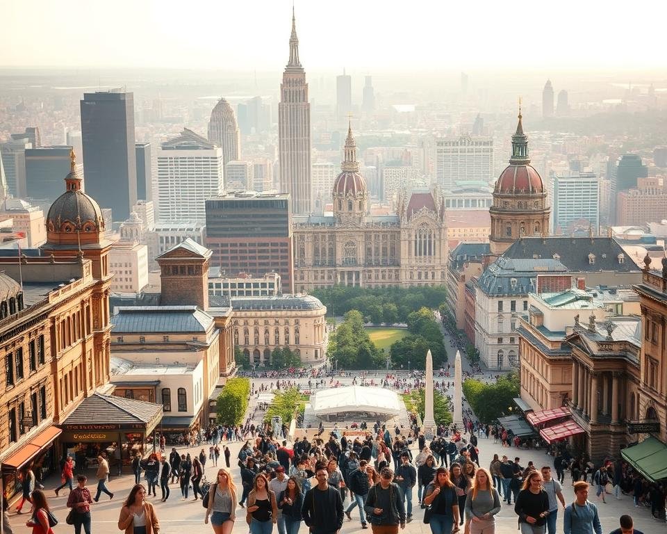 A bustling cityscape filled with architectural diversity, showcasing the vibrant hubs ideal for studying abroad. In the foreground, a group of international students stroll through a bustling town square, surrounded by a mix of modern skyscrapers and historic landmarks. The middle ground depicts lively cafes, bookstores, and cultural centers, while the background reveals sprawling parks, museums, and transportation hubs. Warm, soft lighting bathes the scene, creating an inviting and energetic atmosphere that captures the essence of the best cities for a transformative study abroad experience.
