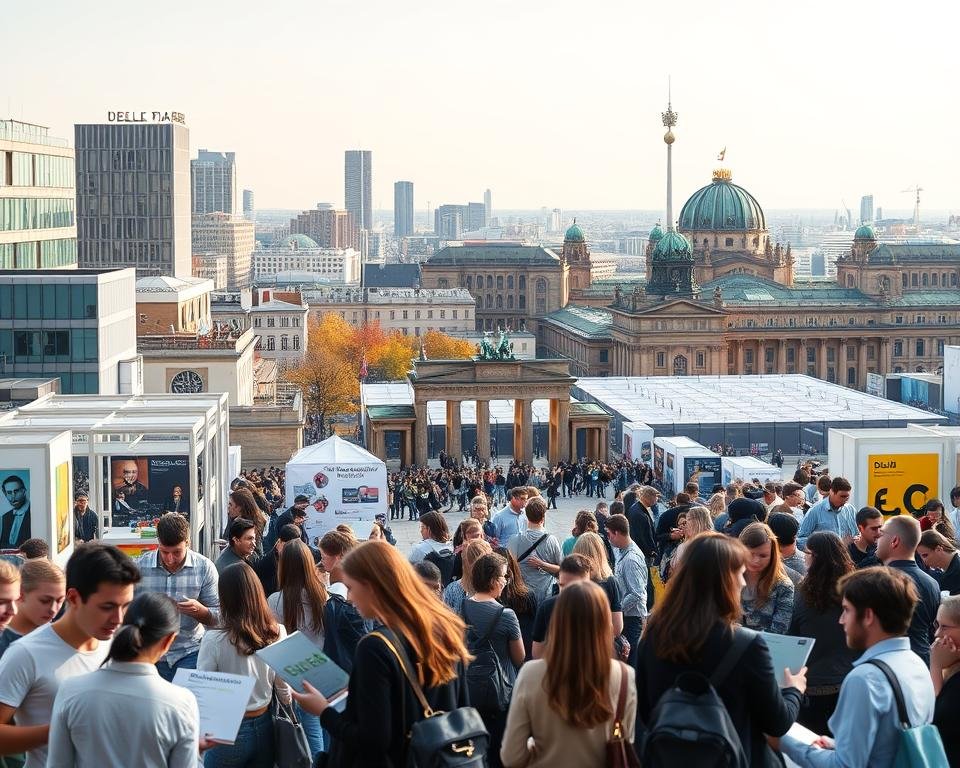 A bustling cityscape of Berlin, the capital of Germany, showcases the diverse student employment opportunities available. In the foreground, a group of students browse job listings on their laptops, surrounded by modern office buildings and co-working spaces. The middle ground features a lively job fair, with recruiters and students engaged in animated discussions. In the background, the iconic landmarks of Berlin, such as the Brandenburg Gate and the Reichstag building, provide a stunning backdrop, conveying the vibrant and cosmopolitan atmosphere of the city. The scene is illuminated by warm, natural lighting, captured through a wide-angle lens to emphasize the scale and energy of the student employment landscape in Berlin.