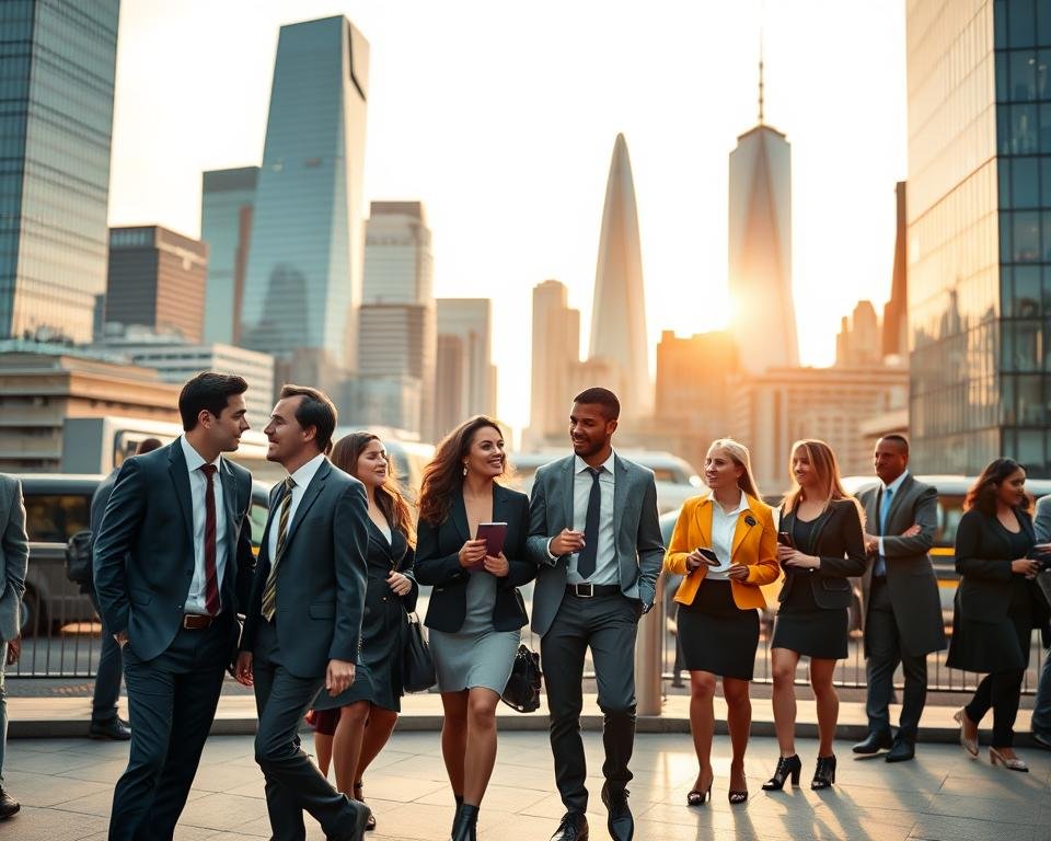 A bustling cityscape of London, showcasing the diversity and opportunities available for international learners. In the foreground, a group of young professionals from varied backgrounds navigating the corporate landscape, dressed in professional attire and engaged in lively discussions. The middle ground features towering skyscrapers and modern office buildings, symbolizing the thriving industries and multinational companies that welcome international talent. The background is bathed in a warm, golden glow, creating a sense of optimism and potential. The scene is captured through a wide-angle lens, emphasizing the scale and dynamism of the city, while a shallow depth of field keeps the focus on the human elements. Overall, the image conveys the vibrant, welcoming environment for international learners seeking employment in the UK.
