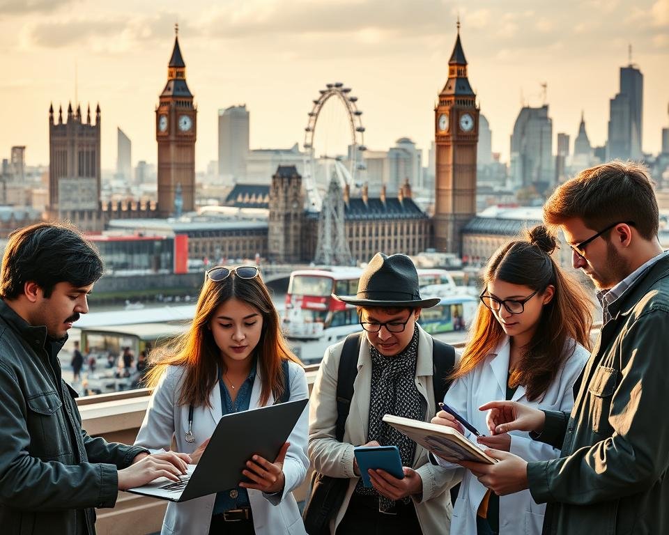 A bustling cityscape of London, with iconic landmarks like the Big Ben and the London Eye in the distance. In the foreground, a diverse group of international students, representing different nationalities, engaged in various professional activities - a computer programmer typing away on a laptop, a business student discussing plans with a mentor, a medical researcher analyzing data, and an engineering student working on a technical project. The scene is bathed in a warm, golden light, conveying a sense of opportunity and optimism for the future careers of these talented individuals. The composition emphasizes the dynamic interplay between the urban environment and the vibrant, skilled workforce of overseas students, ready to contribute to the UK's thriving industries.