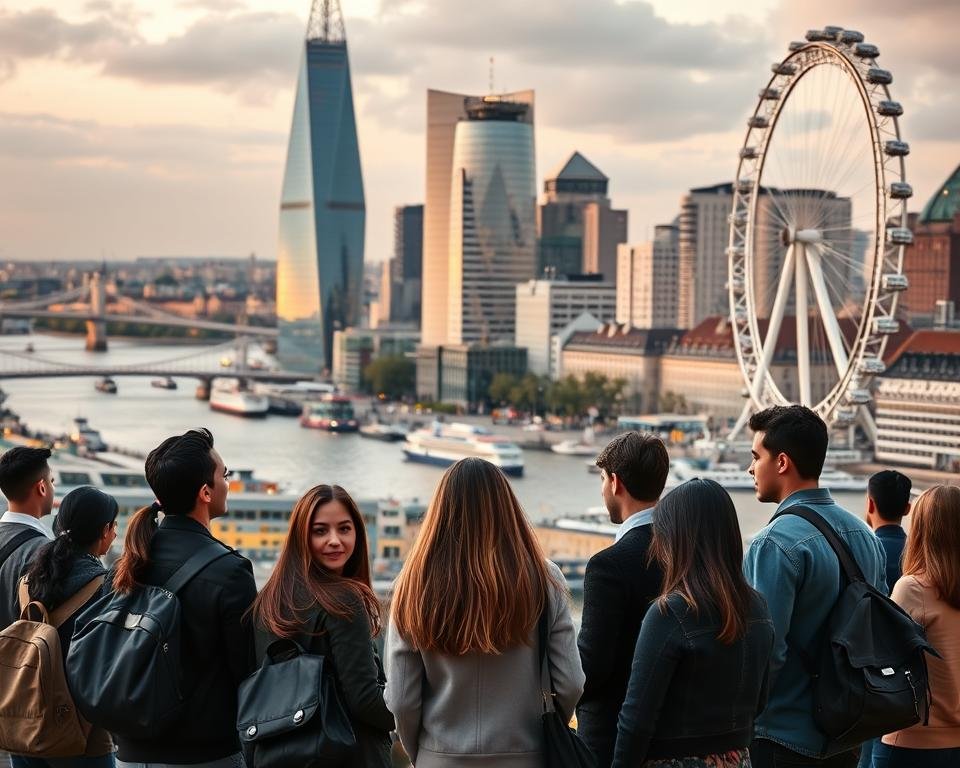 A bustling cityscape of London's iconic landmarks, illuminated by warm, golden lighting. In the foreground, a group of international students, diverse in background, stand confidently, discussing their prospects for the UK post-study work visa. In the middle ground, a sleek, modern office building represents the thriving business opportunities awaiting them. The background showcases the River Thames, Tower Bridge, and the London Eye, symbolizing the vibrant, global community they can now be a part of. The overall scene conveys a sense of excitement, possibility, and the promise of a bright future for these aspiring professionals.