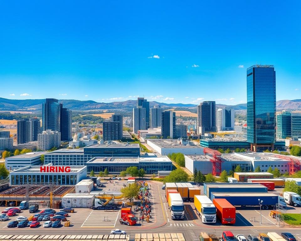 A bustling cityscape of modern high-rise buildings and industrial complexes, set against a backdrop of rolling hills and a vibrant blue sky. In the foreground, various workplaces come to life - a factory floor with workers in safety gear, a thriving tech hub with employees collaborating at sleek desks, and a gleaming office tower housing multinational corporations. The middle ground showcases a diverse array of businesses, from a logistics hub with cargo trucks to a research and development facility with scientists in lab coats. Subtle cues, such as "Hiring" signs and job advertisements, hint at the numerous employment opportunities available in this dynamic, English-friendly German landscape.