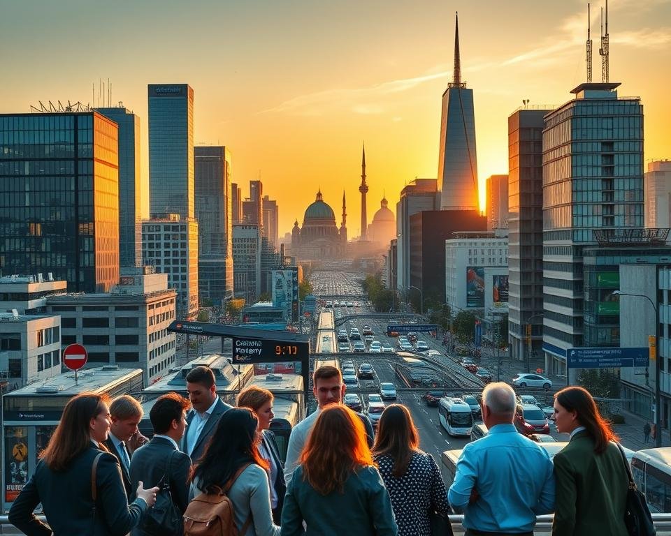 A bustling cityscape of modern office buildings and skyscrapers, bathed in the warm glow of a golden hour sunset. In the foreground, a diverse group of professionals - engineers, software developers, business analysts - engaged in animated discussions, representing the international workforce that thrives in Germany's dynamic job market. In the middle ground, public transportation hubs and multilingual signage, showcasing the cosmopolitan nature of the city. The background features iconic landmarks, suggesting the cultural richness that non-German speakers can immerse themselves in. The scene conveys a sense of opportunity, connectivity, and global collaboration that defines the landscape of jobs for non-German speakers in Germany.