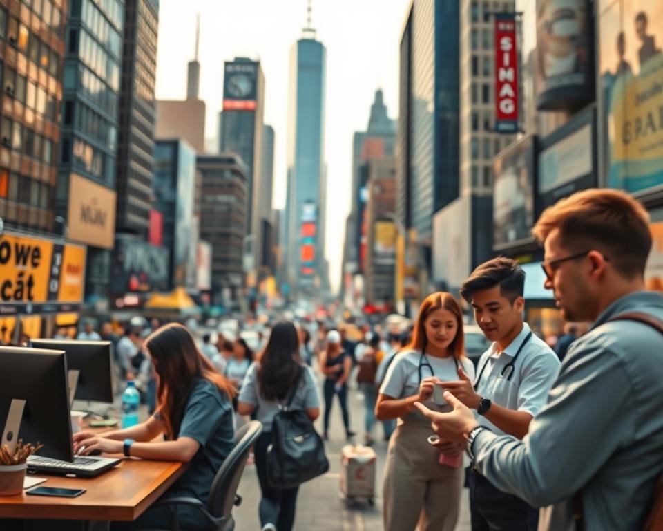 A bustling cityscape of the United States, captured through a wide-angle lens with a shallow depth of field. In the foreground, a diverse group of international students engaged in various occupations - a software engineer coding at a sleek office, a healthcare worker assisting patients, a barista pouring artisanal coffee, and an entrepreneur pitching to investors. The middle ground features towering skyscrapers, bustling streets, and vibrant signage, conveying the energy and opportunities of the American job market. The background is softly blurred, allowing the focus to remain on the international students and their pursuits. Warm, golden lighting illuminates the scene, creating a sense of optimism and possibility.