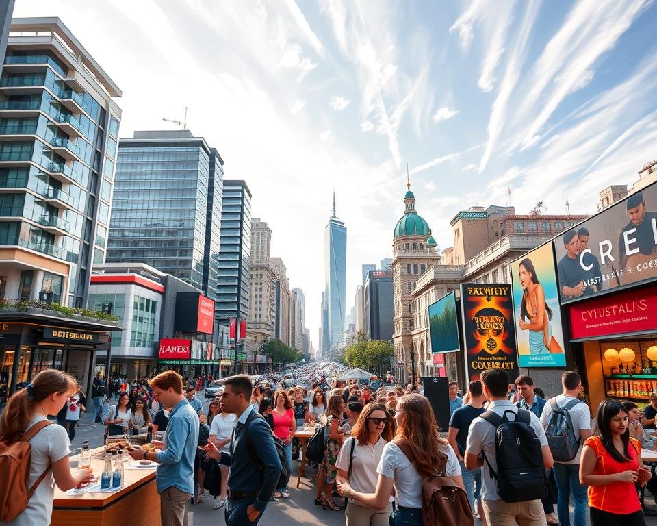 A bustling cityscape with modern high-rise buildings, bustling streets, and diverse crowds of people. In the foreground, several students engage in various jobs and activities: a barista at a café, a tutor working with a young student, a student worker stocking shelves at a retail store, and a student giving a presentation in an office setting. The middle ground showcases other popular student jobs like waitstaff at a restaurant, a lifeguard at a pool, and a student IT technician. The background features a vibrant, sun-drenched sky with wispy clouds, reflecting the dynamic and prosperous nature of Australia's most in-demand student jobs. Captured with a wide-angle lens and warm, inviting lighting to convey the energy and opportunity of the student job market.