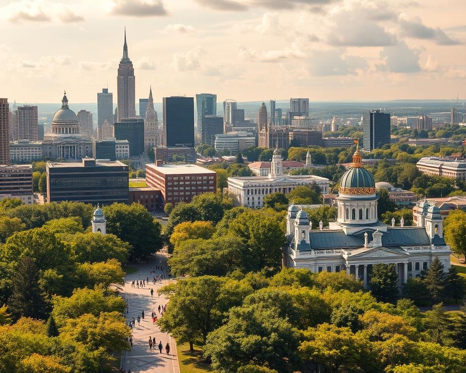 A bustling cityscape with towering skyscrapers and stately academic buildings nestled amidst lush greenery. In the foreground, students stroll along tree-lined avenues, backpacks in hand, while in the middle ground, modern lecture halls and libraries stand as beacons of knowledge. The background is a panorama of iconic landmarks - grand domes, architectural masterpieces, and serene parks that foster an environment conducive to learning and intellectual discourse. Warm, golden light filters through wispy clouds, lending an air of prestige and opportunity to this vibrant, forward-thinking metropolis.