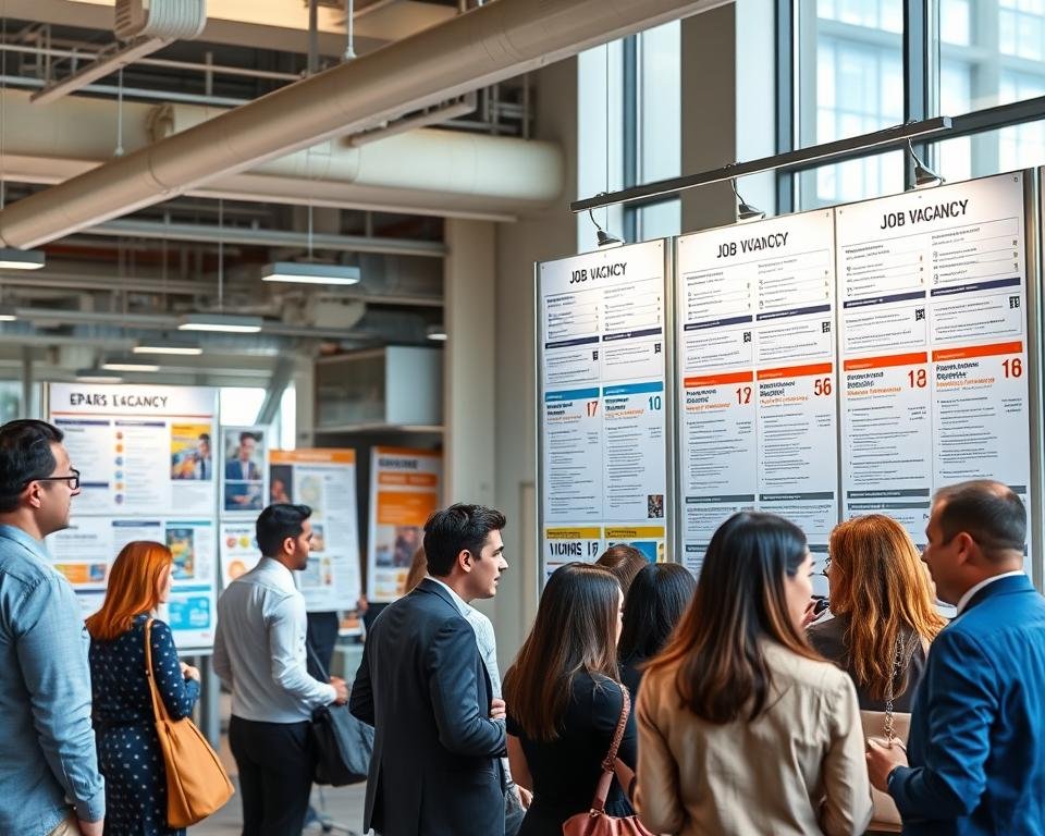 A bustling office environment with multiple job vacancy notices prominently displayed on a crisp, well-lit bulletin board. The foreground features a diverse group of international professionals, dressed in professional attire, engaged in animated discussions and reviewing the job postings. The middle ground showcases an array of colorful, informative flyers and posters highlighting the various employment opportunities available for expats. The background depicts a modern, open-concept workspace with large windows, allowing natural light to flood the scene, creating a warm and inviting atmosphere. The overall composition conveys a sense of opportunity, diversity, and the vibrant job market for non-German speakers seeking employment in Germany.