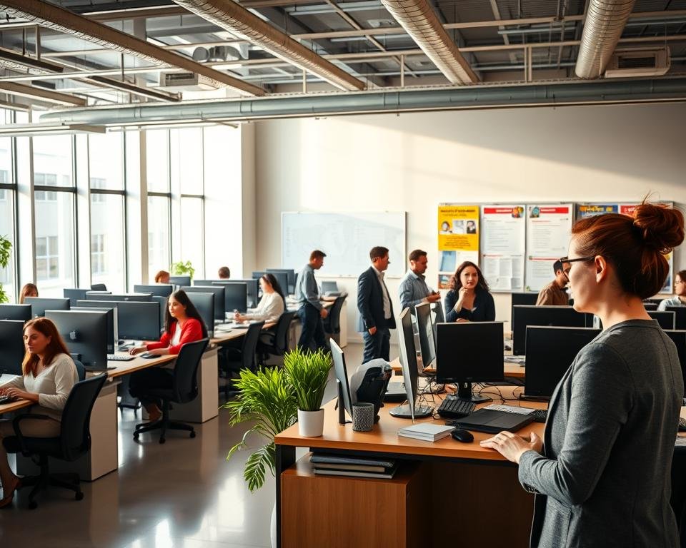 A bustling office scene in Germany, with rows of desks and computer stations, showcasing diverse job openings for foreign workers. The lighting is warm and inviting, with natural sunlight filtering through large windows. In the foreground, a welcoming receptionist greets visitors, ready to provide assistance with work permit and visa applications. The middle ground features employees engaged in various tasks, representing the vibrant, multinational workforce. In the background, a bulletin board displays job listings and information on relocation support. The overall atmosphere conveys a sense of opportunity, professionalism, and a commitment to helping international talent find their dream jobs in Germany.