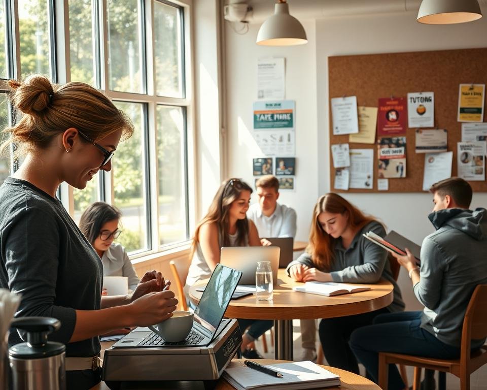 A bustling student café, sun-dappled through large windows, with young people juggling laptops, textbooks, and part-time job applications. In the foreground, a barista crafts a latte with care, while in the middle ground, a group clusters around a table, discussing their latest side-hustle ideas. The background reveals a corkboard plastered with flyers for tutoring, dog walking, and retail opportunities. The overall atmosphere is one of industrious creativity, capturing the increasing popularity of part-time jobs that allow students to gain experience, earn extra income, and balance their academic and personal lives.