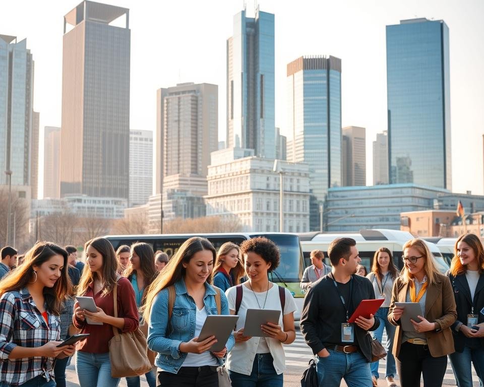 A bustling tech hub in Germany, with skyscrapers and modern office buildings in the background. In the foreground, young, diverse professionals in casual attire, laptops in hand, engaged in animated discussions. The scene is bathed in warm, natural lighting, creating a vibrant, energetic atmosphere. In the middle ground, transportation options like sleek electric vehicles and public transit are visible, reflecting the city's commitment to sustainability. The overall composition conveys the dynamic, thriving nature of the German tech industry, showcasing the opportunities available for skilled professionals.