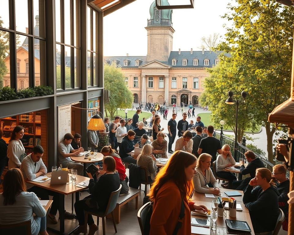 A bustling university campus in Germany, students bustling with activity - studying in cozy cafes, working part-time jobs in lively shops and offices, interacting with diverse groups. Warm lighting filters through large windows, casting a golden glow. The scene captures the dynamic nature of student employment, where young adults balance academic pursuits with real-world work experience, building skills and independence. The perspective shifts from the energetic foreground to a tranquil, picturesque background of historic architecture and leafy trees, creating a sense of harmony between education and employment in this vibrant German setting.