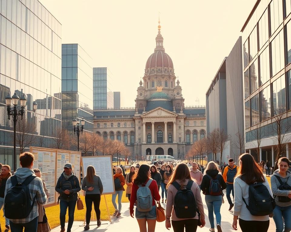 A bustling university campus in Germany, with international students strolling through the grounds. In the foreground, a group of students huddle around a bulletin board, examining internship postings. The middle ground features modern glass-and-steel buildings, suggesting a cutting-edge, tech-savvy environment. In the background, the iconic architecture of historic German landmarks frames the scene, conveying a sense of cultural heritage. Warm, golden sunlight bathes the entire composition, creating a welcoming and aspirational atmosphere. The image captures the dynamic intersection of global opportunity and local tradition that defines the internship landscape for international students in Germany.