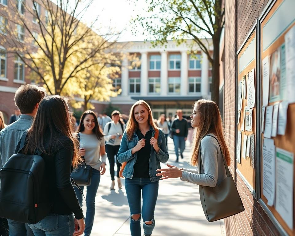 A bustling university campus on a sunny day, students hurrying to and fro. In the foreground, a group of young adults examining job postings on a corkboard, their expressions hopeful. In the middle ground, a career counselor gestures animatedly, offering guidance. In the background, a campus building with an inviting entrance, signifying opportunity. Soft, natural lighting illuminates the scene, creating a warm, welcoming atmosphere. The overall composition conveys the idea of students actively seeking part-time employment, with support and resources available to help them succeed.