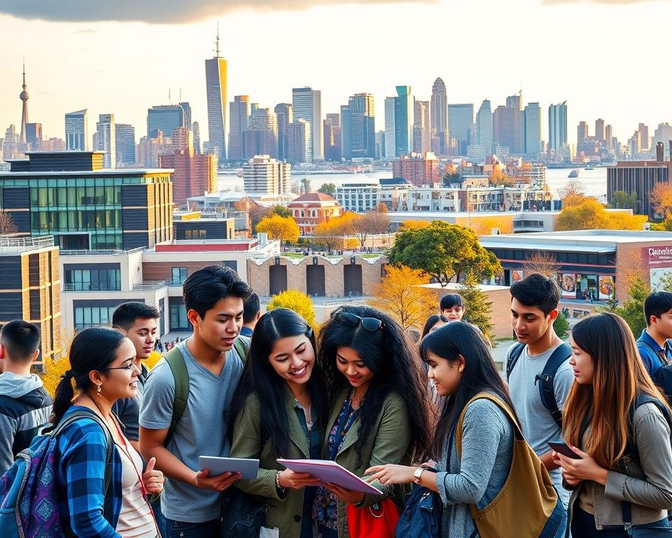 A bustling university campus set against a vibrant backdrop, with students engaged in various academic and extracurricular activities. The foreground features a diverse group of international students collaborating on a research project, their faces alight with curiosity and enthusiasm. The middle ground showcases state-of-the-art facilities, including a modern library, cutting-edge laboratories, and a bustling student center. In the background, a majestic skyline of skyscrapers and iconic landmarks symbolizes the opportunities and resources available in the United States. Warm, natural lighting casts a welcoming glow, and the overall scene conveys a sense of intellectual vitality, cultural exchange, and boundless potential.
