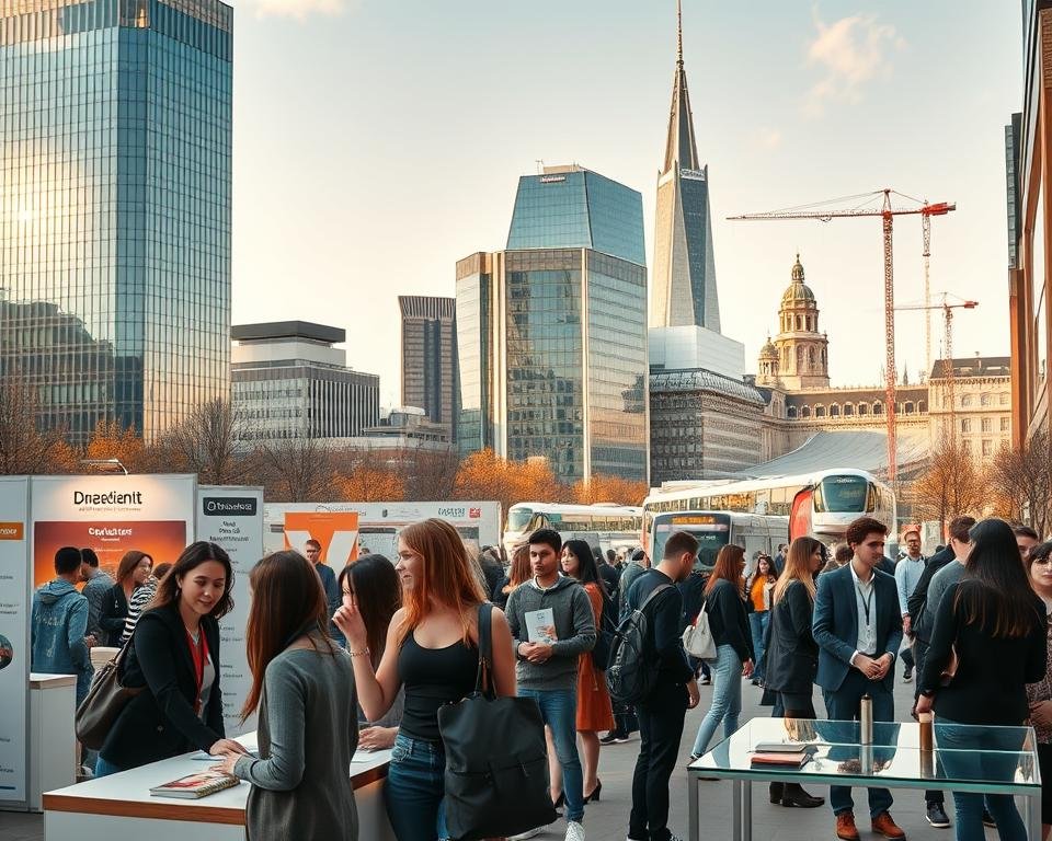 A bustling university campus set against the backdrop of a vibrant German city, showcasing a diverse array of student jobs. In the foreground, students in professional attire work at a career fair booth, engaging with potential employers. In the middle ground, students can be seen working in various roles, from barista in a cozy café to tutoring young children. The background features towering office buildings, sleek public transportation, and the iconic architecture that defines the German cityscape. The scene is illuminated by warm, natural lighting, conveying a sense of opportunity and ambition. This dynamic image captures the thriving student job market in Germany, enticing international applicants with the variety of part-time and flexible employment options available.