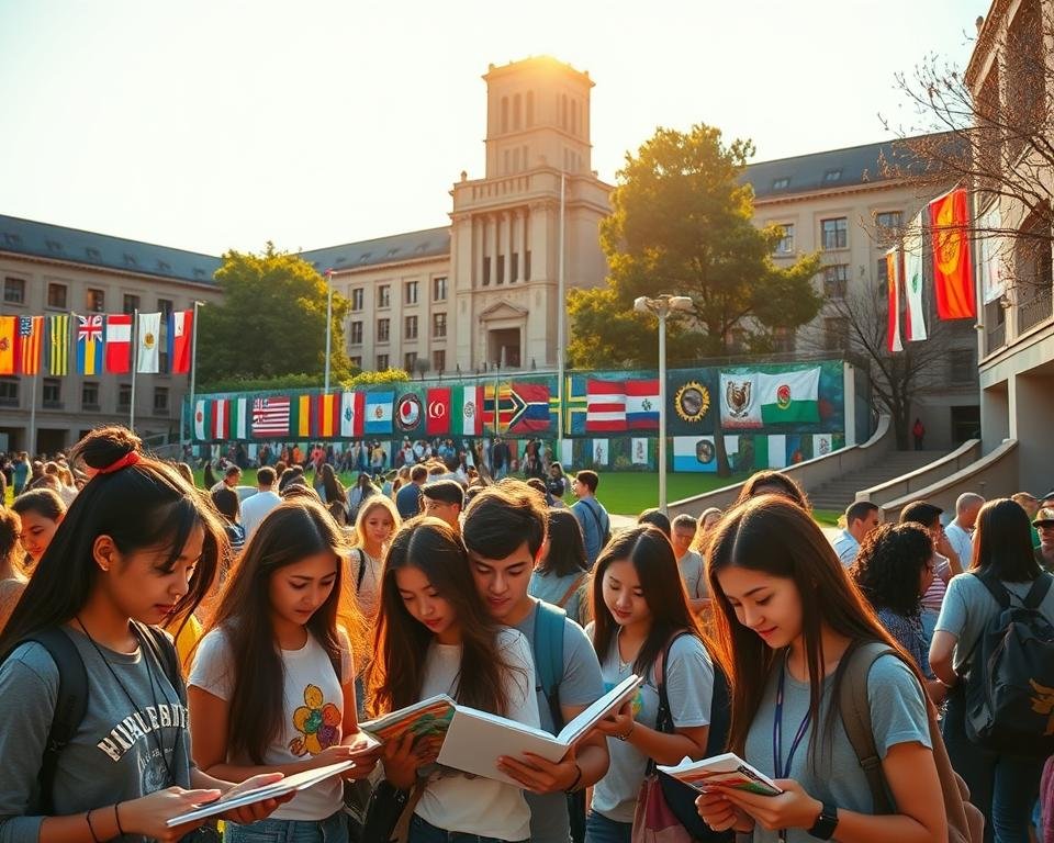 A bustling university campus, where diverse students from around the world gather under the warm, golden light of the sun. In the foreground, a group of international students pore over brochures and laptops, their faces alight with determination as they research scholarship opportunities. The middle ground features a vibrant mural depicting flags from various nations, symbolizing the global nature of higher education. In the background, a towering academic building stands, its imposing architecture a testament to the prestige and resources available to those who pursue their dreams through international scholarships.