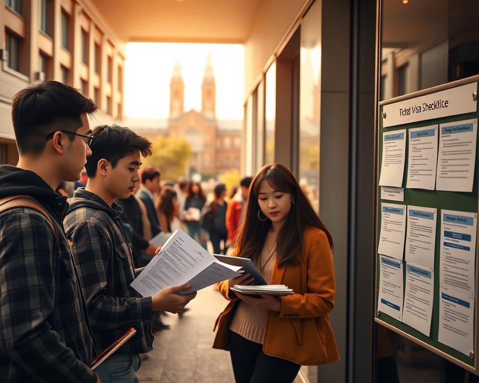 A bustling university campus with a group of students gathered at the international student office, meticulously reviewing documents and forms as they navigate the student visa process. The scene is bathed in warm, inviting lighting, conveying a sense of diligence and focus. In the foreground, a student speaks earnestly with a advisor, carefully examining a stack of paperwork, while their peers wait patiently, laptops and notepads in hand, ready to assist. The middle ground features a well-organized bulletin board displaying visa application checklists and informational pamphlets, guiding the students through each step. In the background, the campus buildings stand tall, exuding an air of academic prestige and opportunity. An atmosphere of determination and academic aspiration permeates the scene, reflecting the student visa process.