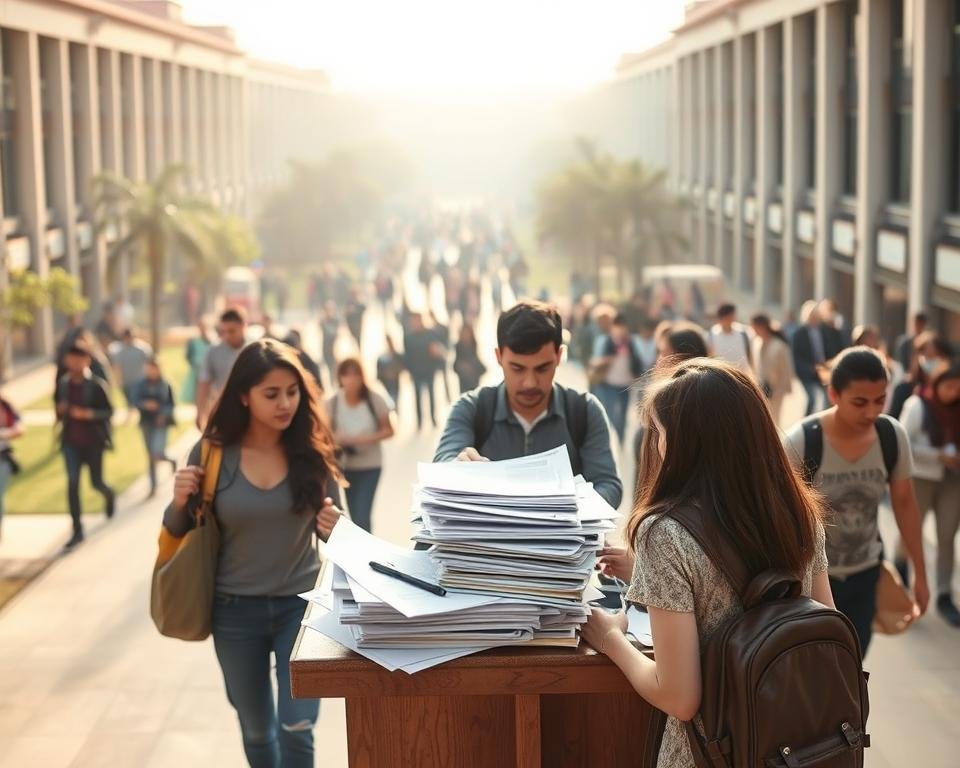 A bustling university campus, with students hurriedly navigating the grounds. In the foreground, a group gathers, discussing documents and forms, their faces etched with concern. In the middle ground, an official-looking desk, piled high with paperwork, symbolizes the bureaucratic challenges of student visa applications. The background is a haze of uncertainty, with a sense of unease permeating the scene. Warm, natural lighting casts a gentle glow, adding a subtle air of apprehension. Wide-angle lens captures the breadth of the setting, emphasizing the overwhelming nature of the obstacles faced by students. The overall mood is one of trepidation and the need for guidance, reflecting the "Common Student Visa Mistakes to Avoid" in the article.