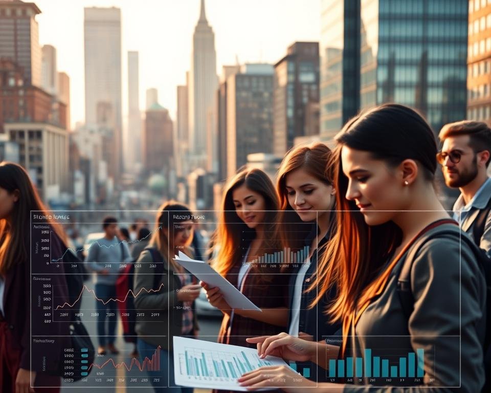 A bustling urban cityscape, with towering skyscrapers and a vibrant energy, serves as the backdrop for a dynamic student job market. In the foreground, a diverse group of young professionals navigate job postings, resumes, and interviews, their expressions a mix of determination and anticipation. The middle ground features a data visualization dashboard, displaying real-time trends and insights into the current job landscape for students, illuminating the opportunities and challenges they face. Warm, natural lighting casts a hopeful glow, while a shallow depth of field keeps the focus on the central action, conveying the sense of a competitive yet promising employment environment.