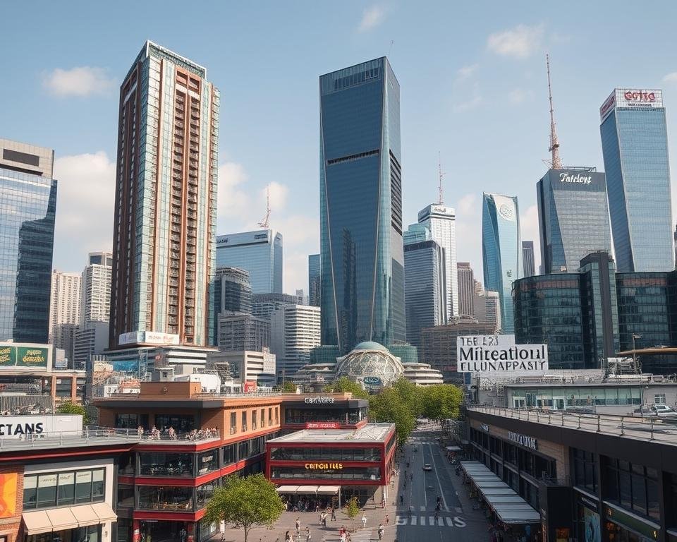 A bustling urban landscape, devoid of any prominent German-language signage or branding. Towering glass-and-steel skyscrapers dominate the skyline, their sleek facades reflecting the multicultural diversity of the city. In the foreground, a thriving commercial district with international restaurants, shops, and tech startups, all catering to a multilingual clientele. The atmosphere is one of a global, cosmopolitan hub, where English has emerged as the primary language of business and everyday life. The scene conveys the sense that opportunities abound in Germany, even for those who do not speak the local language.