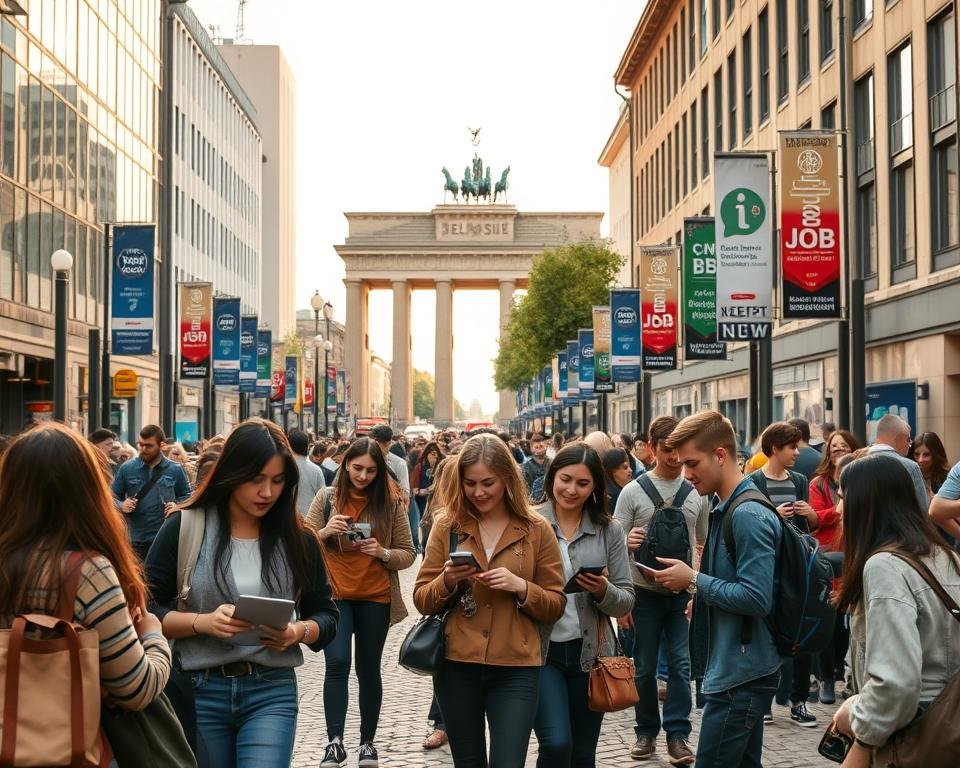 A bustling urban scene in Berlin, Germany, where international students navigate the city's vibrant job market. In the foreground, a diverse group of students engage in discussions, browsing job listings on their laptops and smartphones, against a backdrop of modern office buildings and cobblestone streets. The middle ground features recruitment banners and signage, hinting at the array of English-friendly employment opportunities available. In the distance, the iconic landmarks of Berlin, such as the Brandenburg Gate, lend a sense of place and cultural richness to the scene. Warm, diffused lighting casts a welcoming glow, capturing the energy and optimism of international students seeking their professional footing in this dynamic, global city.