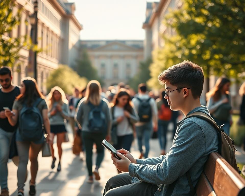 A busy university campus, students hurrying to and fro, backpacks slung over their shoulders. In the foreground, a young student sits on a bench, contemplating a job listing on their phone. The mid-ground shows a mix of students, some studying, others chatting animatedly. The background features the grand architecture of the campus, sun-dappled and inviting. Soft, warm lighting creates a sense of depth and atmosphere, highlighting the diverse needs and experiences of university life. The overall scene conveys the importance of part-time work for students, balancing academics, finances, and personal growth.
