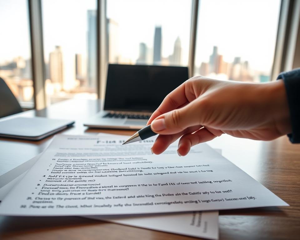 A clean, modern office setting with a large window overlooking a city skyline. On the desk, a laptop and several documents detailing the F-1 visa eligibility criteria, including requirements for academic enrollment, financial support, and proof of intent to return. The lighting is soft and warm, creating a professional yet approachable atmosphere. In the foreground, a hand holding a pen hovers over the documents, conveying the thoughtful consideration of the application process. The overall mood is one of focus and determination, reflecting the importance of the F-1 visa for international students seeking educational opportunities in the USA.