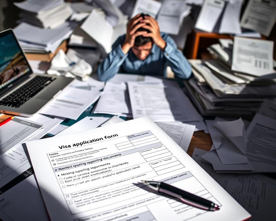 A cluttered desk with scattered documents, crumpled papers, and a laptop displaying a visa application form. In the foreground, a pen hovers over the form, highlighting common mistakes - incorrect personal information, missing supporting documents, and errors in financial statements. The lighting is harsh, casting shadows that emphasize the disorganized scene. The middle ground features a frustrated student, hands on their head, surrounded by a mess of legal forms and guidelines. The background is blurred, hinting at the high-stakes consequences of such application errors. The overall atmosphere conveys the stress and uncertainty often associated with student visa applications.