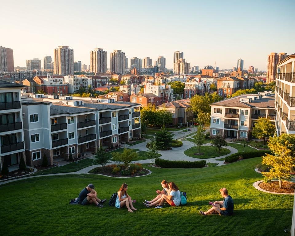 A cozy student apartment complex with a mix of modern and traditional architectural styles. In the foreground, a group of students relaxing on a lush green lawn, enjoying the warm afternoon sunlight. The middle ground features a mix of low-rise buildings with clean lines, balconies, and large windows, surrounded by well-manicured landscaping. In the background, a blend of taller residential towers and academic buildings creates a vibrant, urban atmosphere. The scene is captured with a wide-angle lens, emphasizing the sense of community and variety of housing options available to students. The overall mood is one of comfort, convenience, and youthful energy.