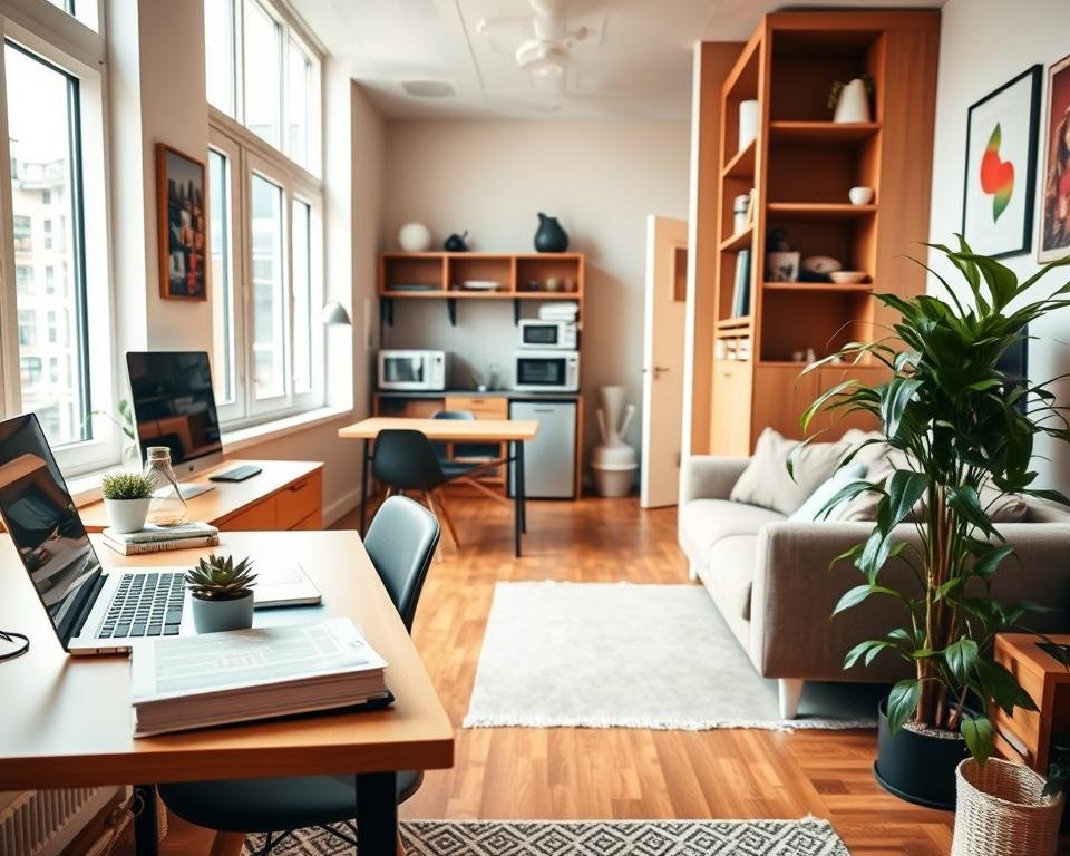 A cozy student apartment, filled with practical furnishings and innovative storage solutions. In the foreground, a neatly organized desk with a laptop, textbooks, and a decorative succulent plant. The middle ground showcases a compact kitchenette with minimalist appliances and a small dining table, surrounded by warm, natural lighting from large windows. In the background, a simple but comfortable living area with a couch, a bookshelf, and a lush potted plant in the corner, creating a sense of tranquility and efficiency. The overall atmosphere conveys a well-designed, cost-effective student living space that maximizes functionality and comfort within a limited budget.