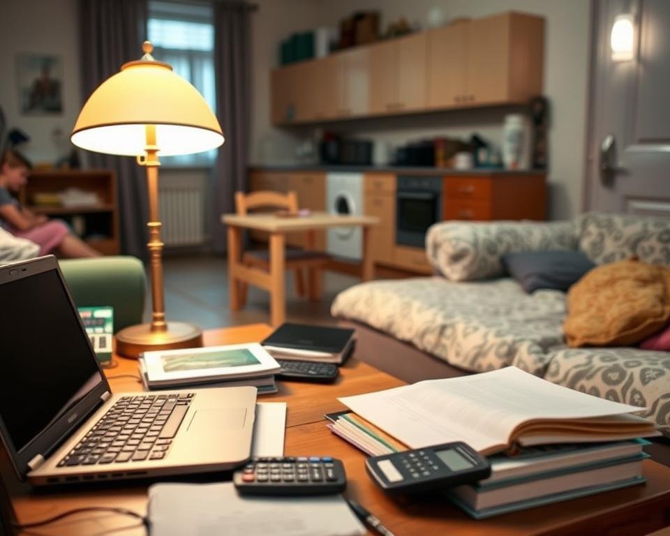 A cozy student apartment, with a laptop, books, and a calculator on a cluttered desk, illuminated by a warm desk lamp. In the background, a modest kitchen and a shared living space, reflecting the practical, budget-conscious lifestyle of a student. The scene conveys a sense of functionality and the challenges of balancing academics, finances, and daily living on a limited budget, capturing the essence of the "Cost of Living for Students" subject.