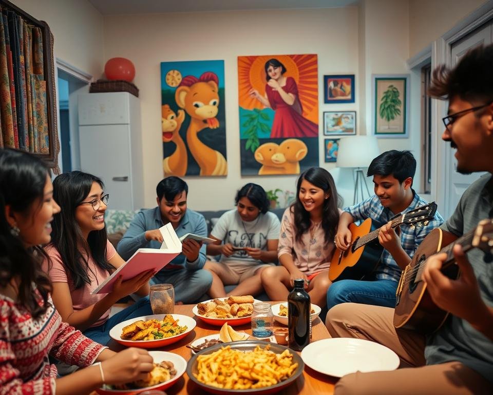 A cozy student apartment with warm lighting, showcasing a diverse group of students engaged in various cultural activities. In the foreground, a group of friends enjoying a home-cooked meal together, their laughter and conversation filling the space. In the middle ground, a student reading a book while another plays a musical instrument, reflecting the intellectual and artistic pursuits of the occupants. The background features vibrant wall art, echoing the cultural richness of the living space. The overall scene conveys a sense of community, comfort, and the unique lifestyle of students navigating the college experience.