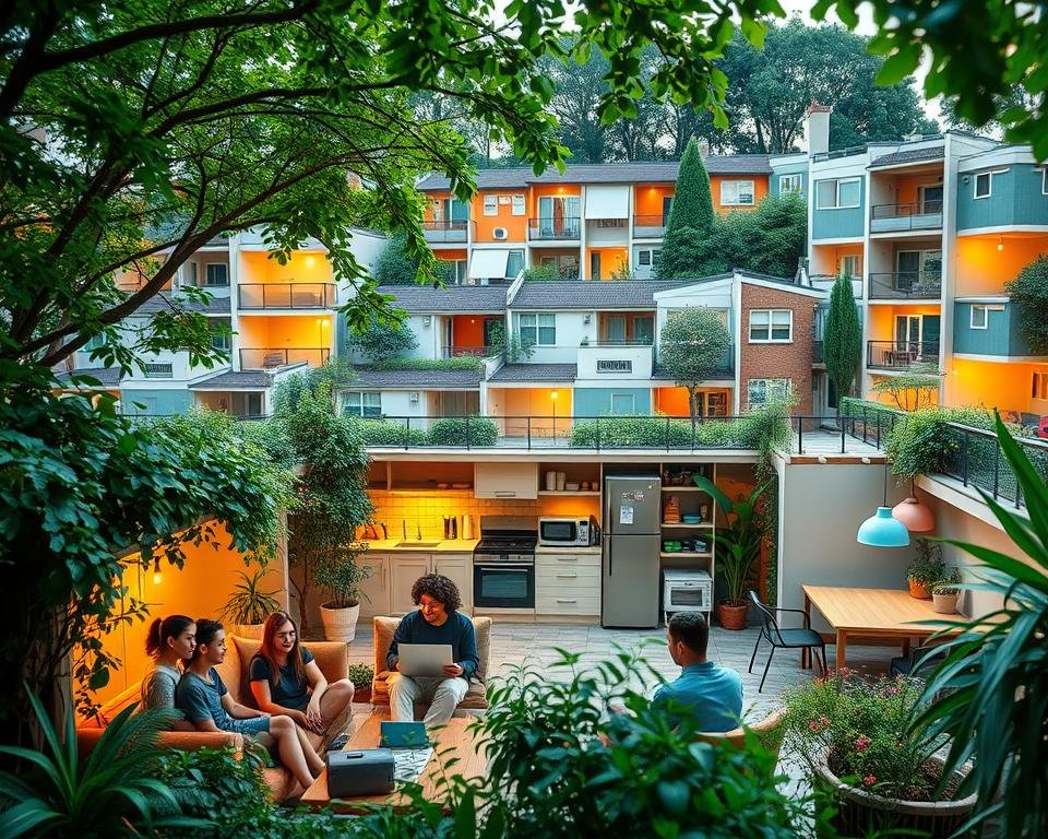 A cozy student dormitory nestled amidst lush greenery, illuminated by warm, natural lighting. The foreground features a group of students lounging on comfortable sofas, engaged in lively discussions. In the middle ground, a shared kitchenette with modern appliances and a communal dining table. The background showcases a range of housing options, from studio apartments to shared flats, each with unique architectural styles. The scene radiates a sense of community, productivity, and the vibrant energy of student life.