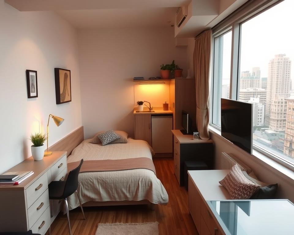 A cozy student studio apartment in a bustling city, filled with functional and affordable furnishings. Warm lighting illuminates the space, showcasing a simple bed, a small desk, and a compact kitchenette. Modest decor, such as a few plants and wall art, adds a touch of personality. The room is neatly organized, with storage solutions maximizing the limited space. Large windows provide natural light and a glimpse of the cityscape outside, hinting at the balance between urban living and cost-effective student accommodations.